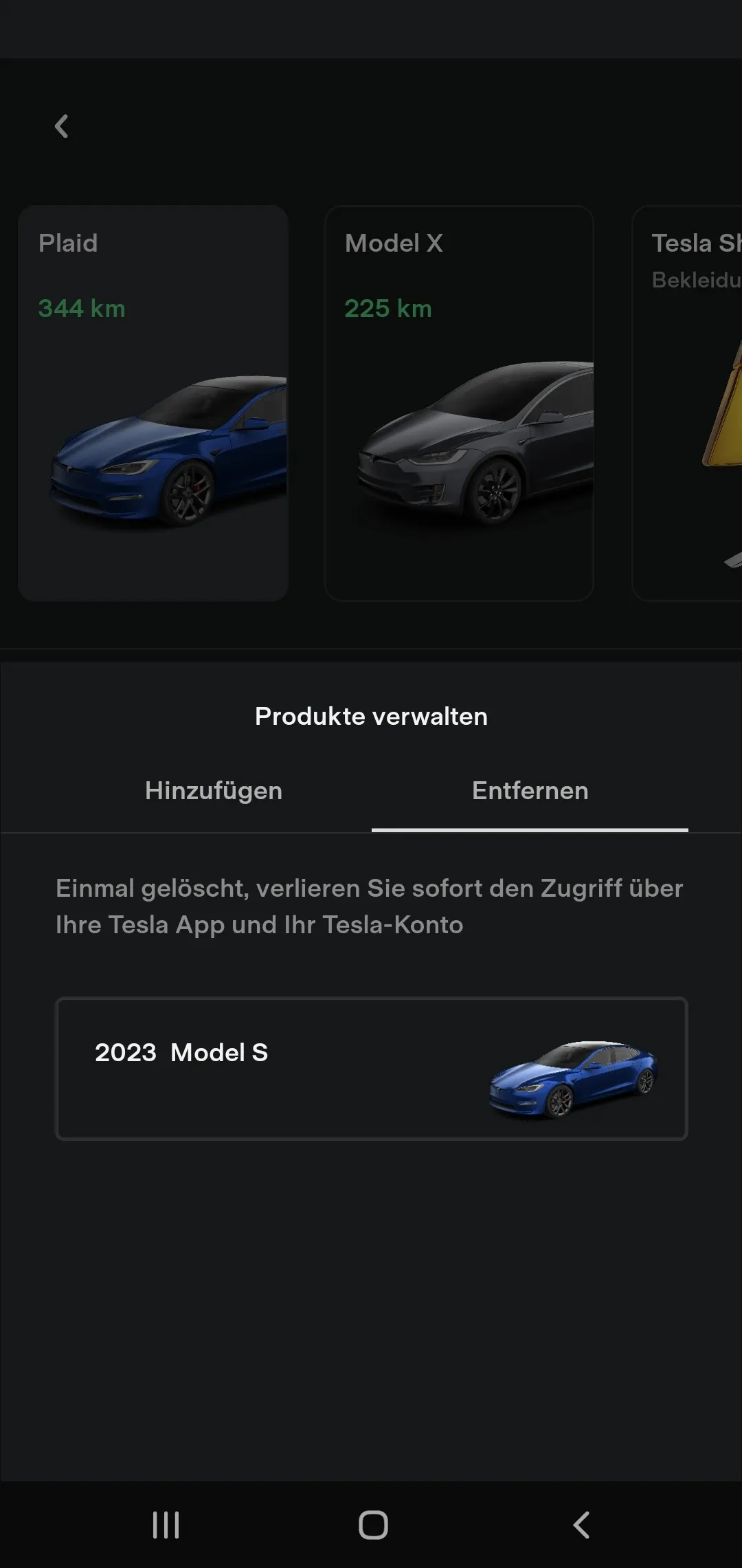 Reiter Entfernen mit dem Eintrag 2023 Model S und dem Hinweis auf den sofortigen Zugriffsverlust