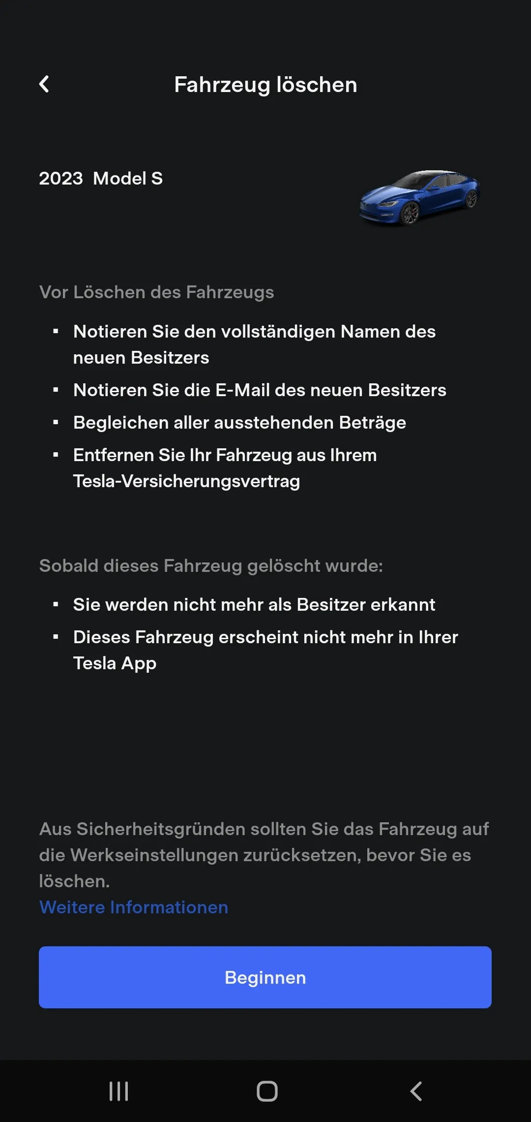 Bildschirm Fahrzeug löschen mit der Liste dessen, was vor dem Löschen zu erledigen ist