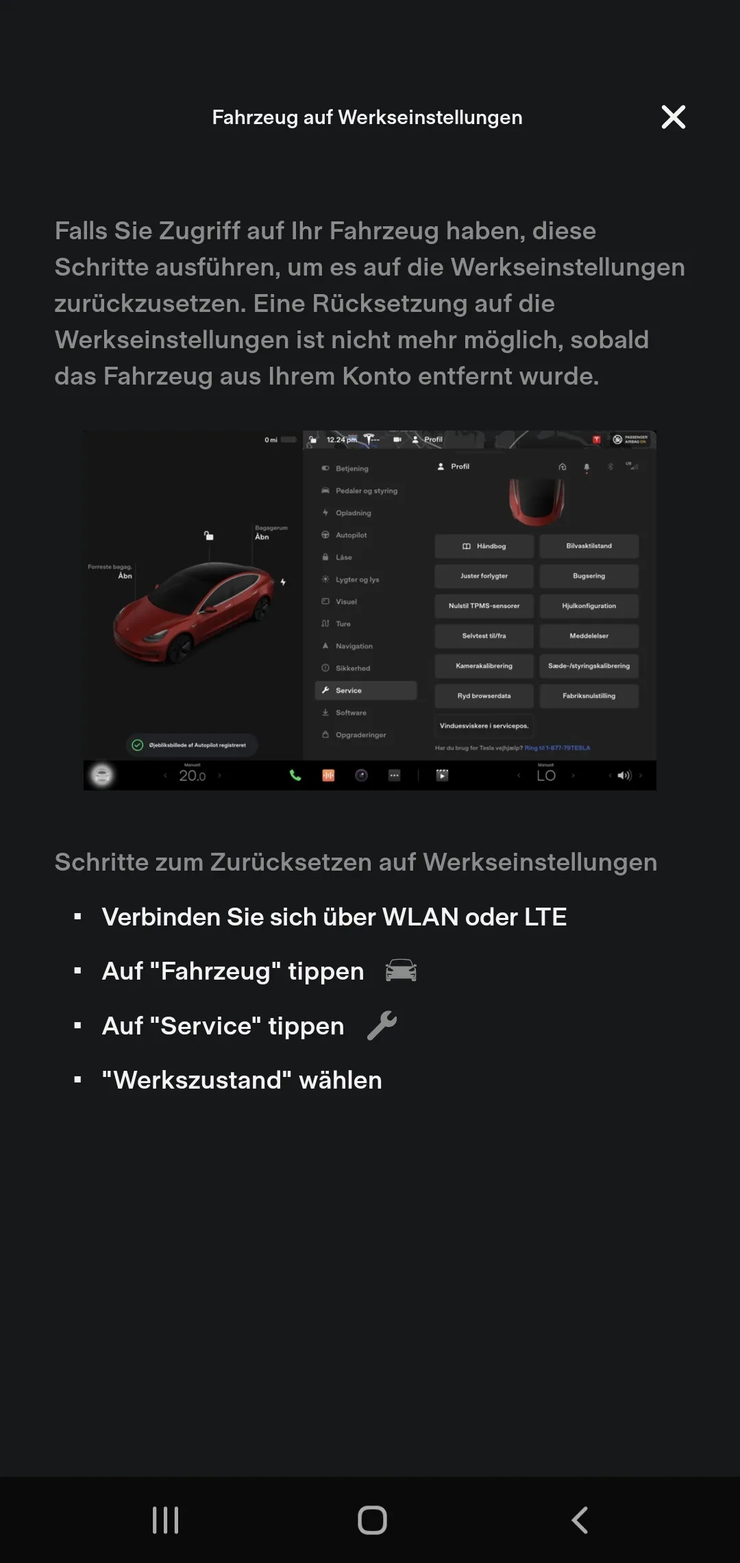Hilfeseite der Tesla App mit der Anleitung, das Fahrzeug über Service auf den Werkszustand zurückzusetzen