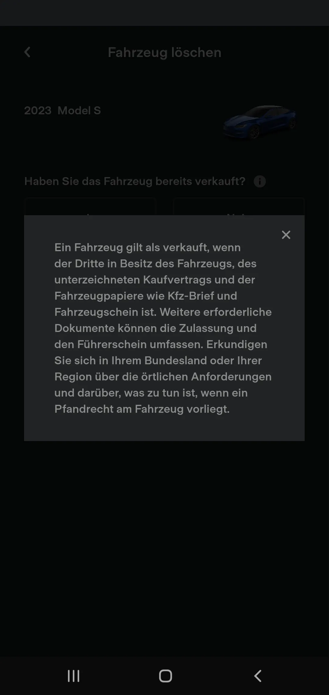 Erklärtext der Tesla App, wann ein Fahrzeug als verkauft gilt
