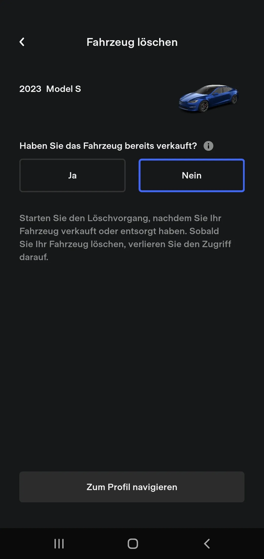 Nach der Auswahl Nein erscheint der Hinweis, den Löschvorgang erst nach dem Verkauf zu starten