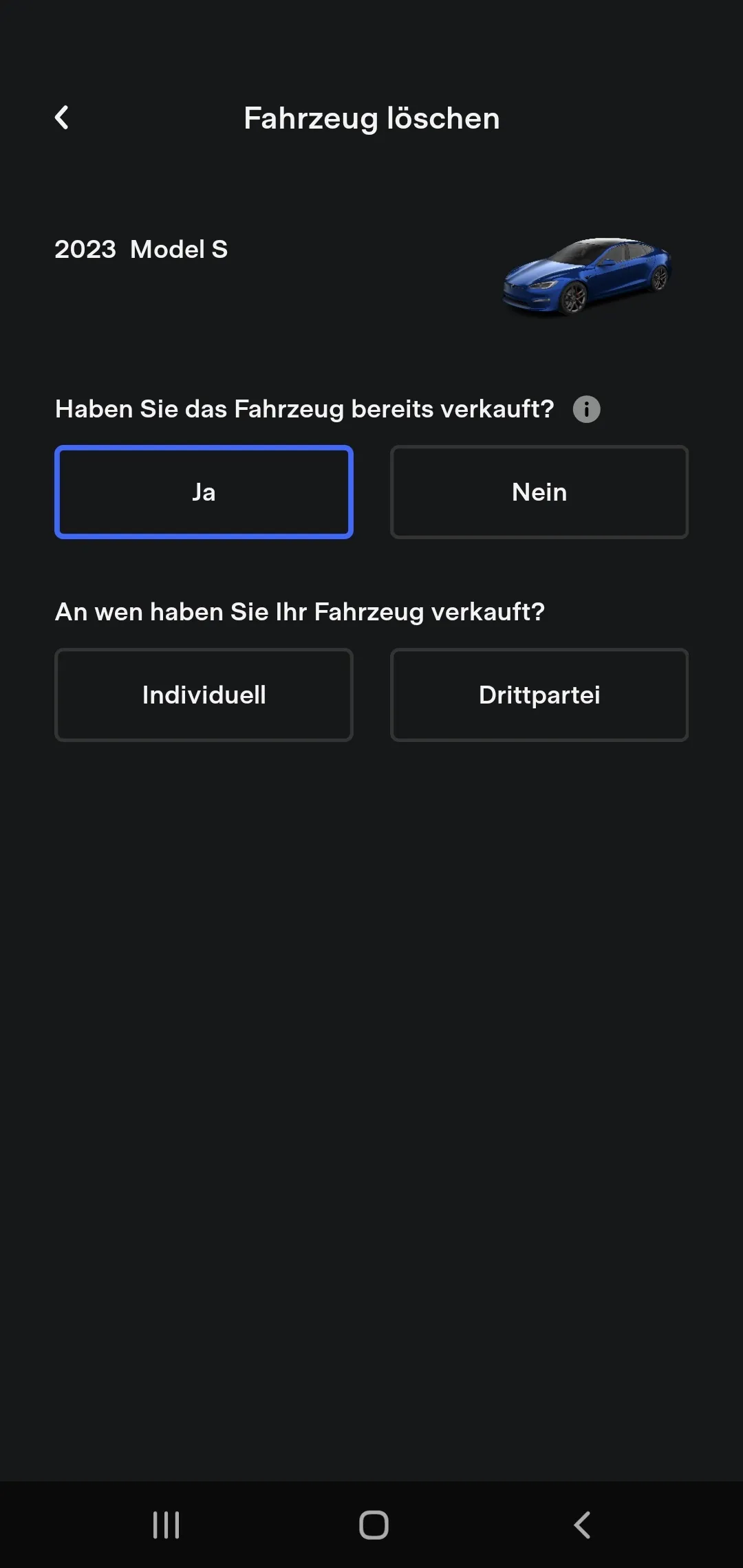 Nach Ja folgt die Frage An wen haben Sie Ihr Fahrzeug verkauft mit Individuell und Drittpartei