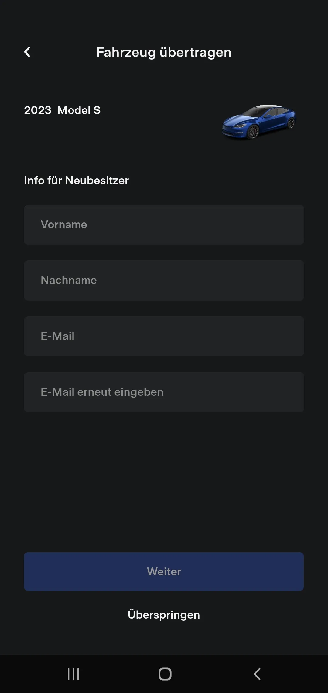 Formular Fahrzeug übertragen mit den Feldern Vorname, Nachname und E-Mail des neuen Besitzers