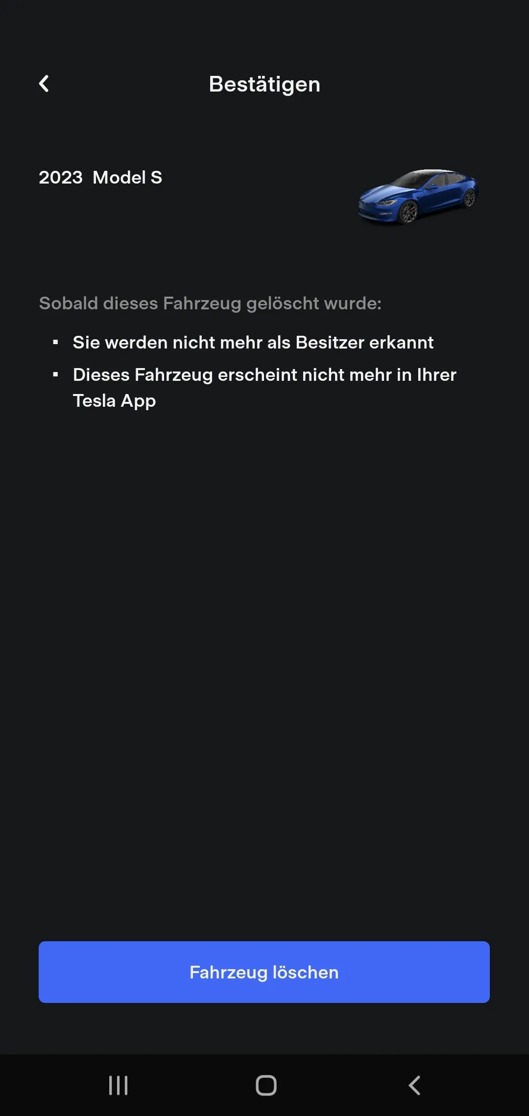 Bestätigungsseite mit der Schaltfläche Fahrzeug löschen