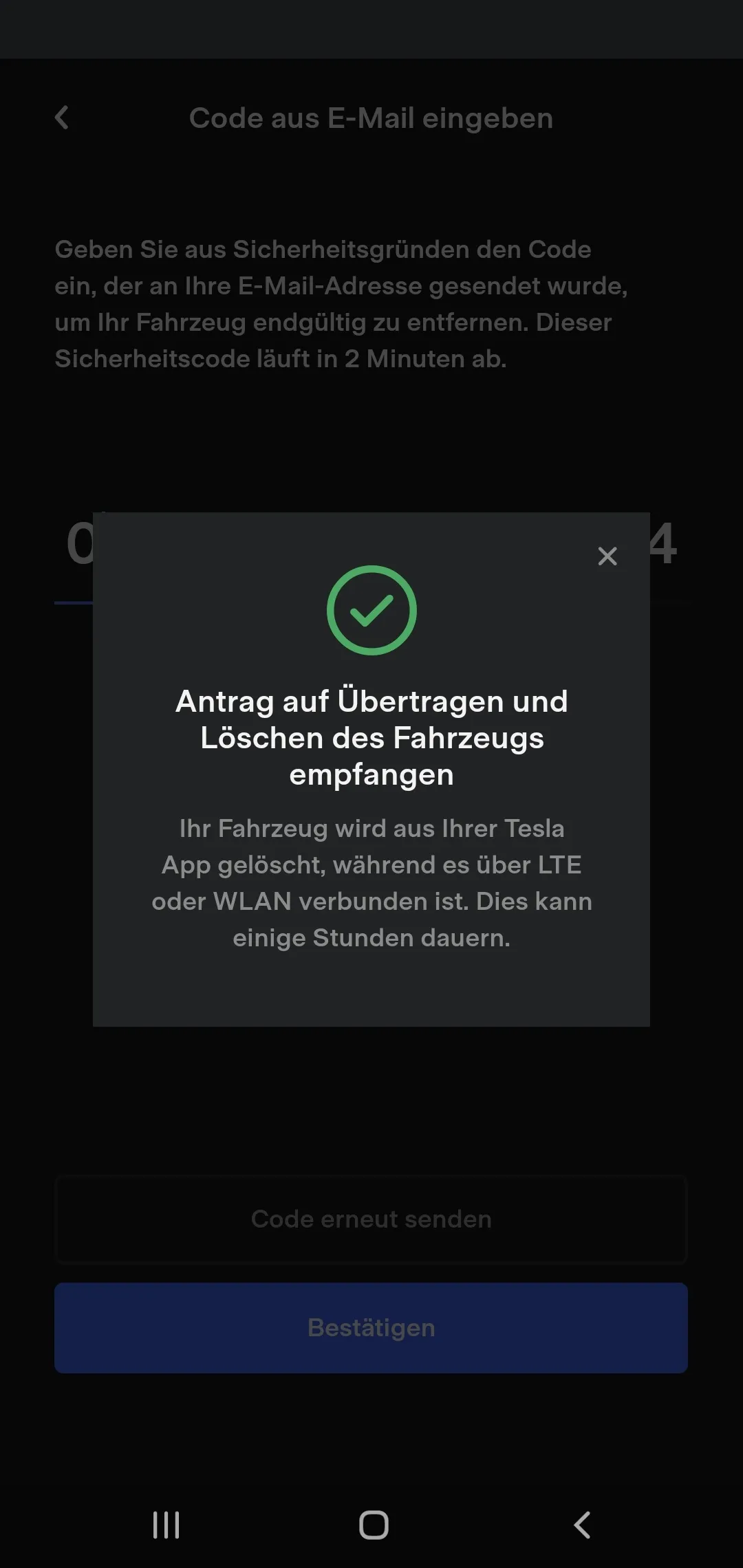 Meldung, dass der Antrag auf Übertragung und Löschung des Fahrzeugs empfangen wurde