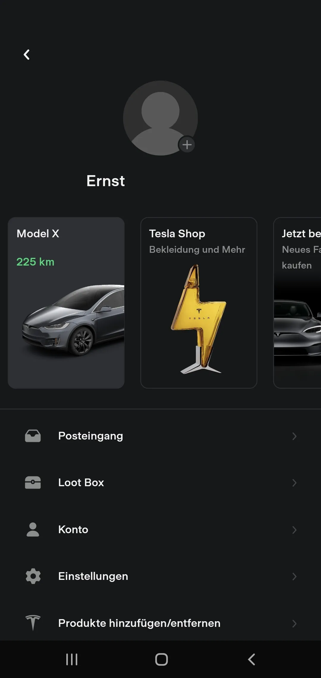 Profilübersicht nach der Übertragung: das Model S ist verschwunden, nur das Model X ist geblieben