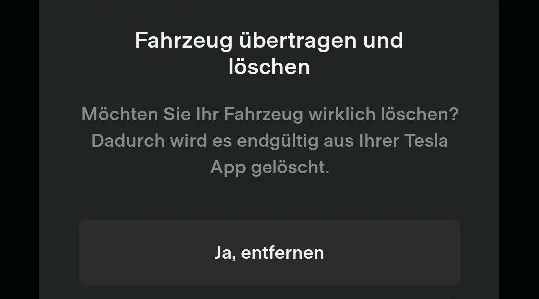 Abschließende Rückfrage der Tesla App mit der Schaltfläche Ja, entfernen